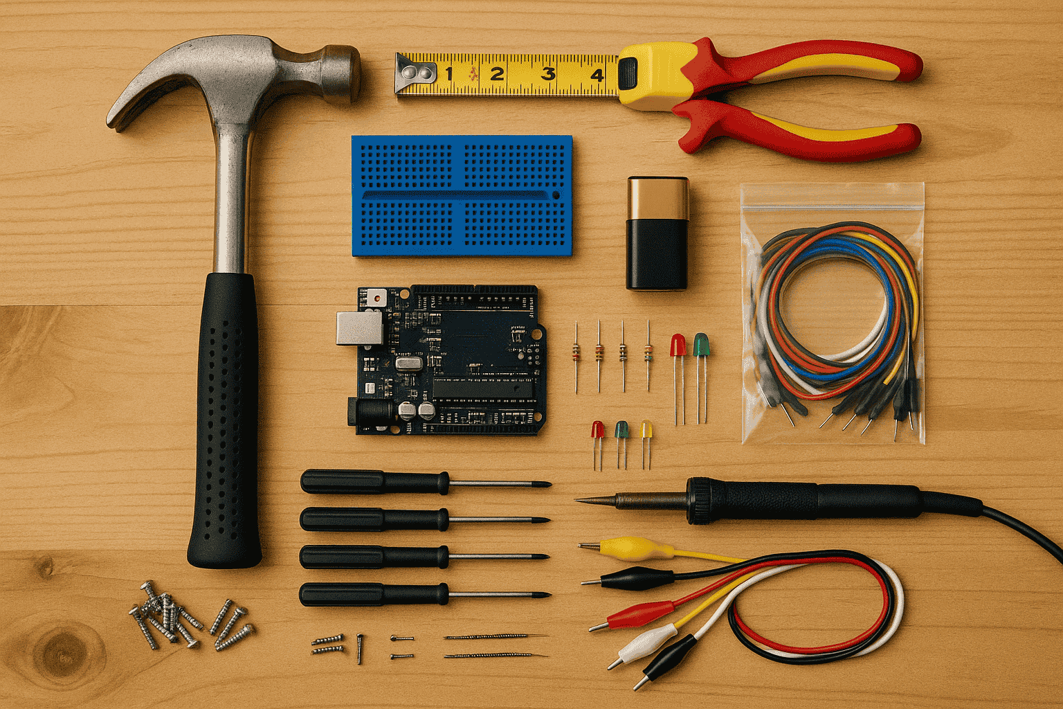 Tools and electronic components laid out on a workbench for a DIY project