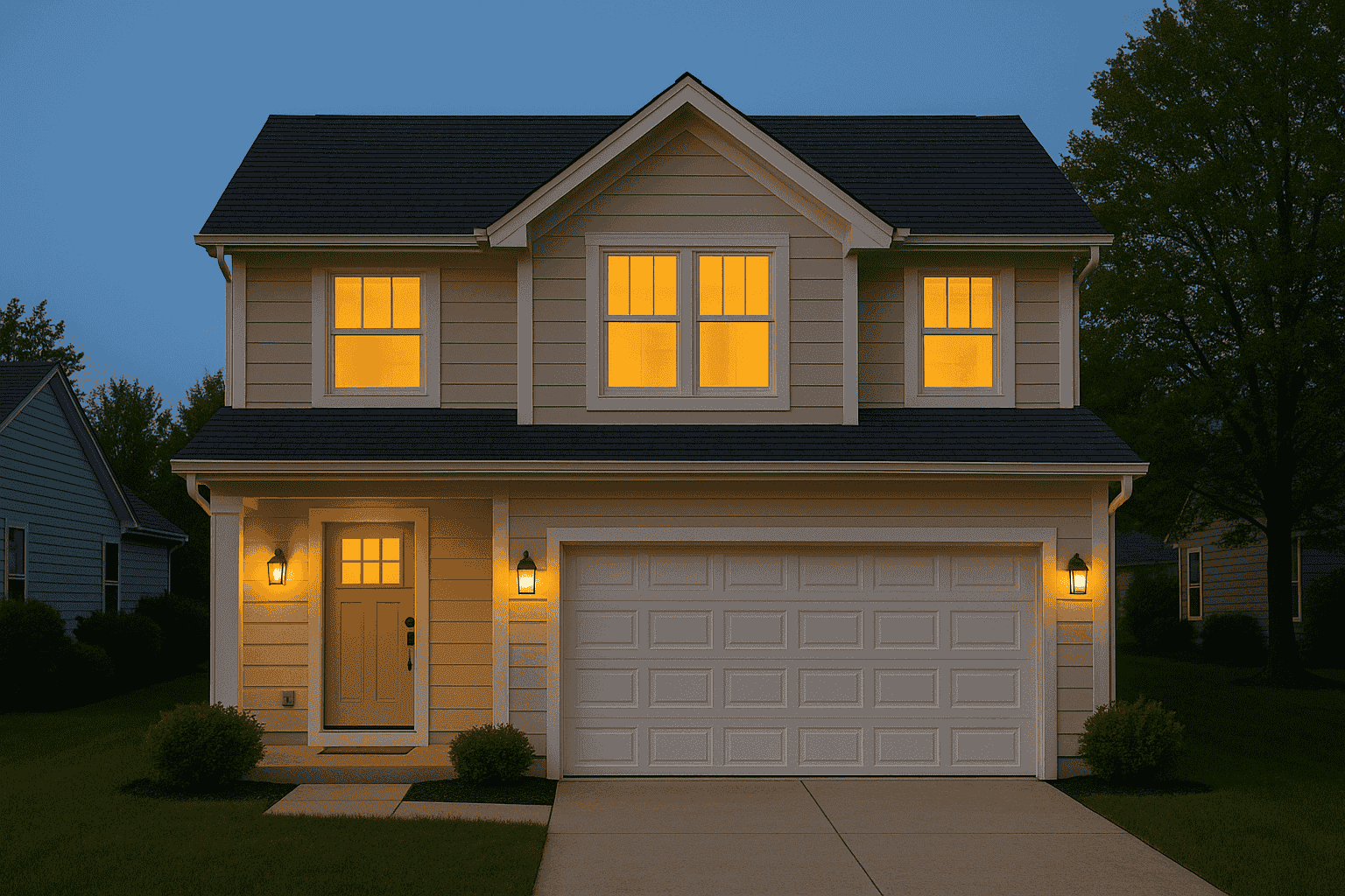 House with lights on during a dark evening, symbolizing backup power